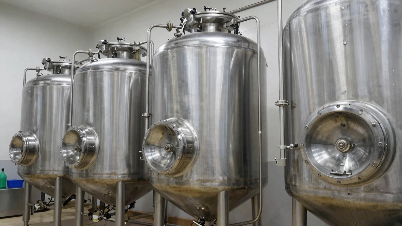 Detailed shot of polished stainless steel processing tanks in an