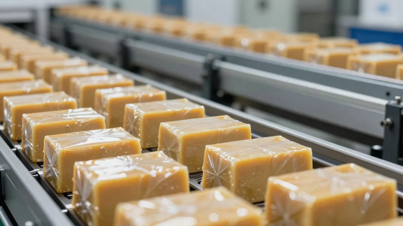 Automated packaging line for solid fat blocks, wrapped in industrial film, clean and precise.