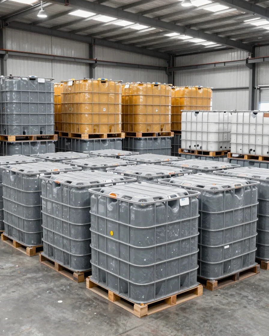 Panoramic view of an industrial warehouse, rows of intermediate bulk containers (IBC totes) and drums, bright overhead l