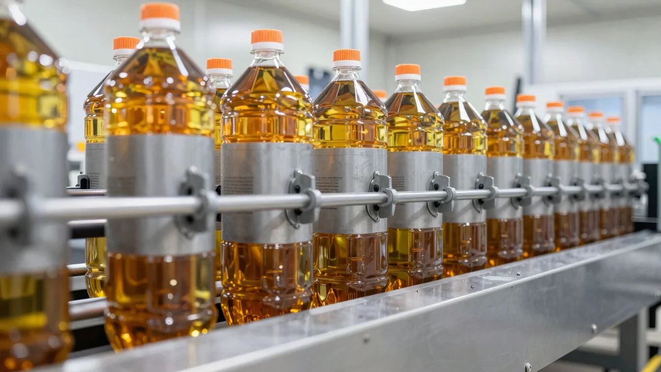 Automated bottling line filling clear liquid amber oil into indus