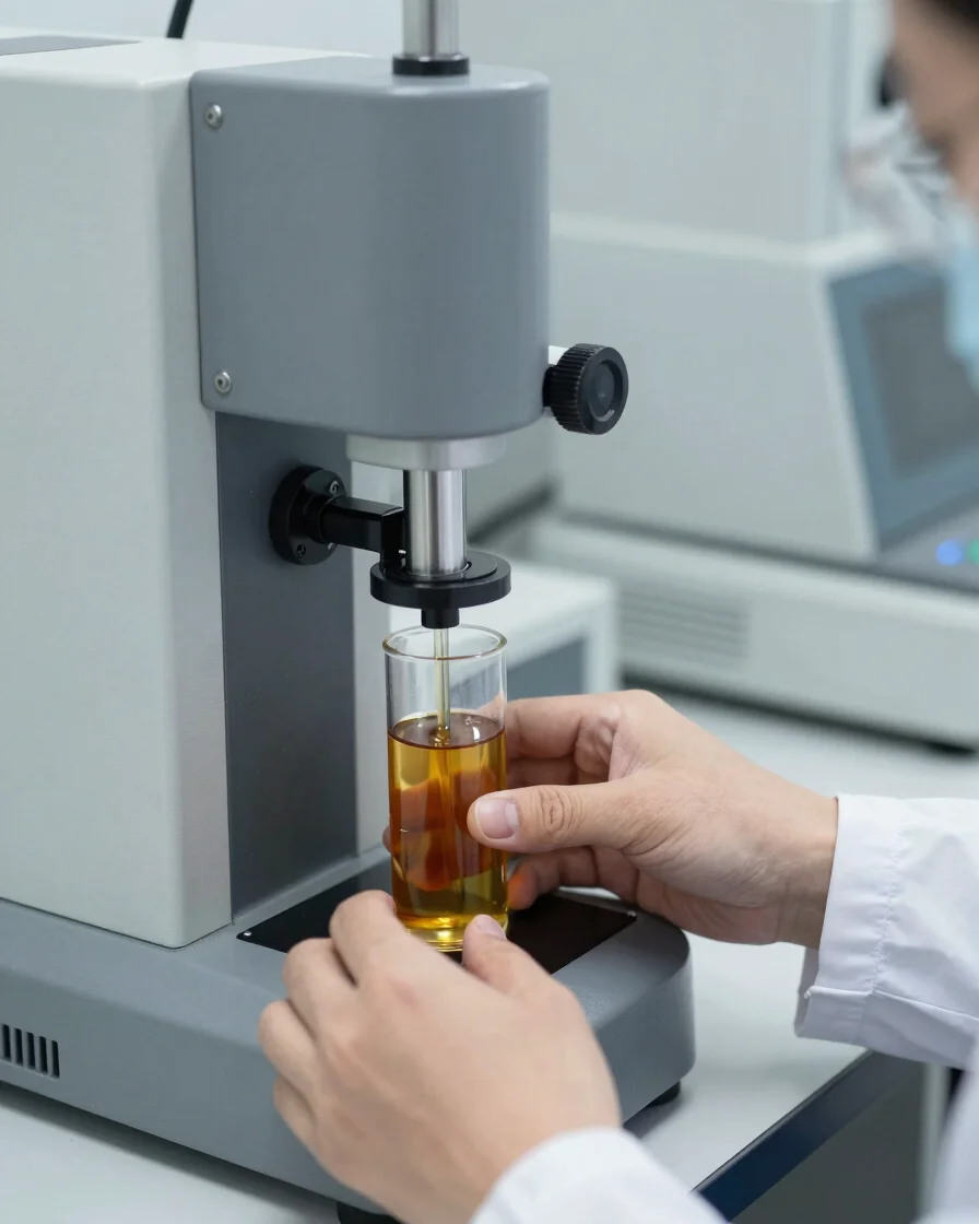 Close-up of lab technician performing viscosity testing on clear liquid amber oil using specialized lab equipment, razor