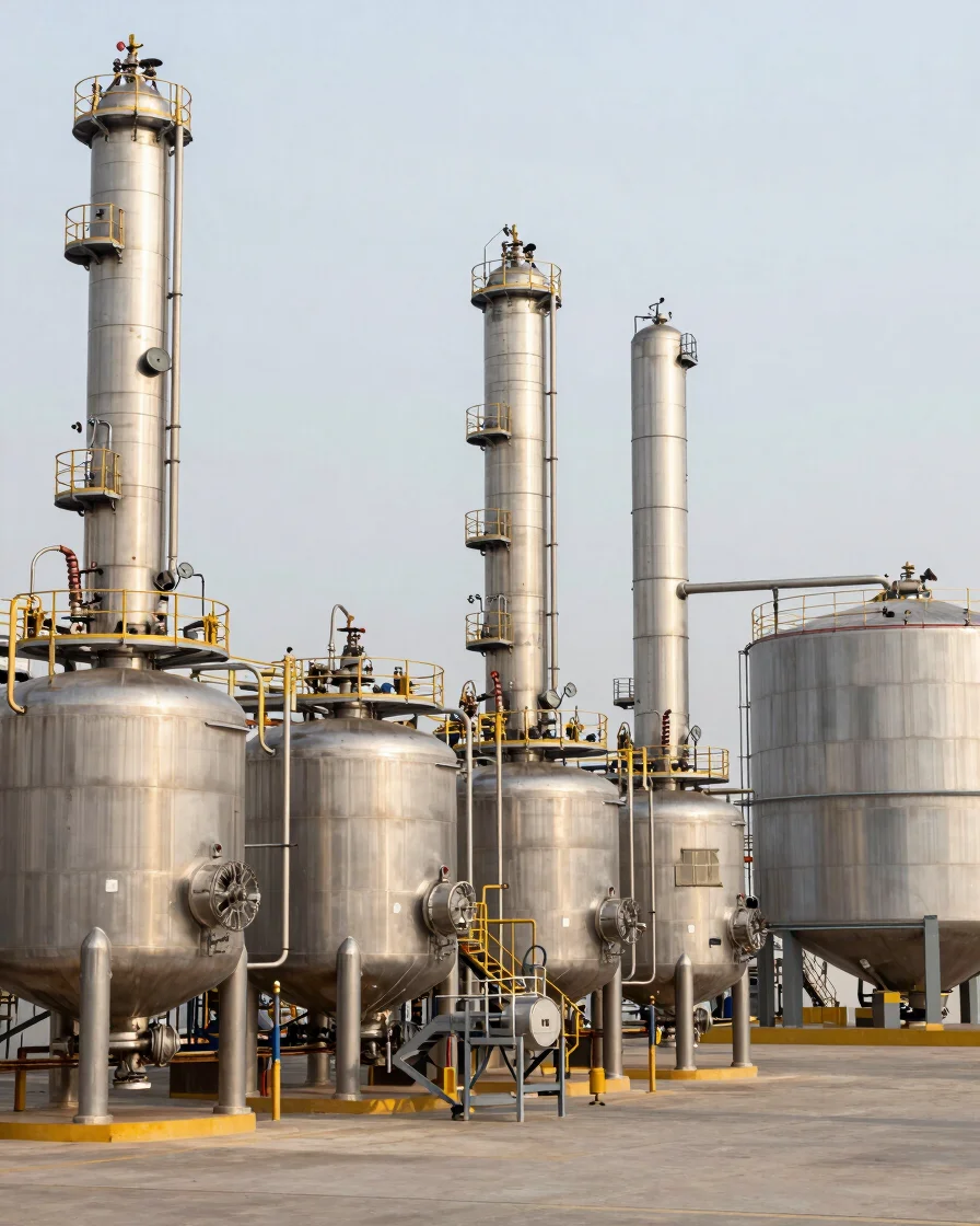 Wide structural shot of a modern industrial refining facility interior with polished stainless steel tanks, automated li