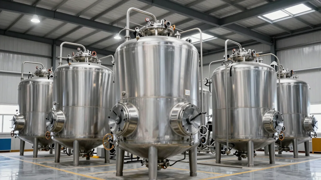 Wide shot of polished stainless steel refining tanks, bright industrial lighting, clean architectural lines.