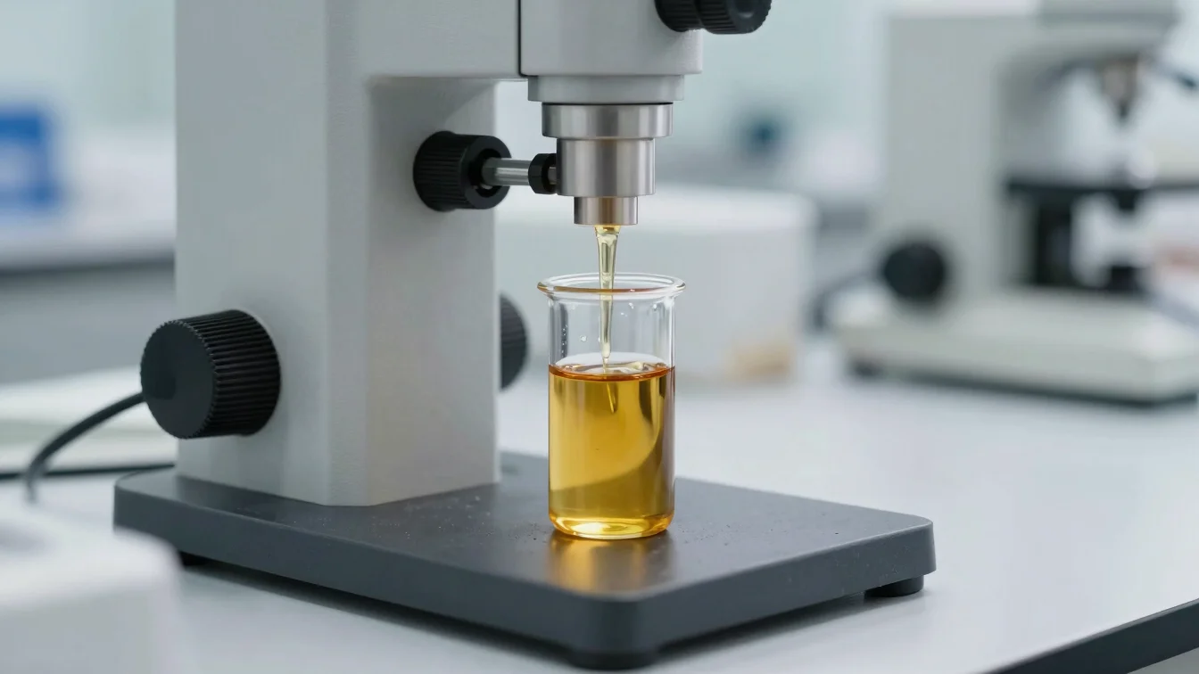 Close-up of clear liquid amber oil being tested in a laboratory, precise instruments, sharp detail.
