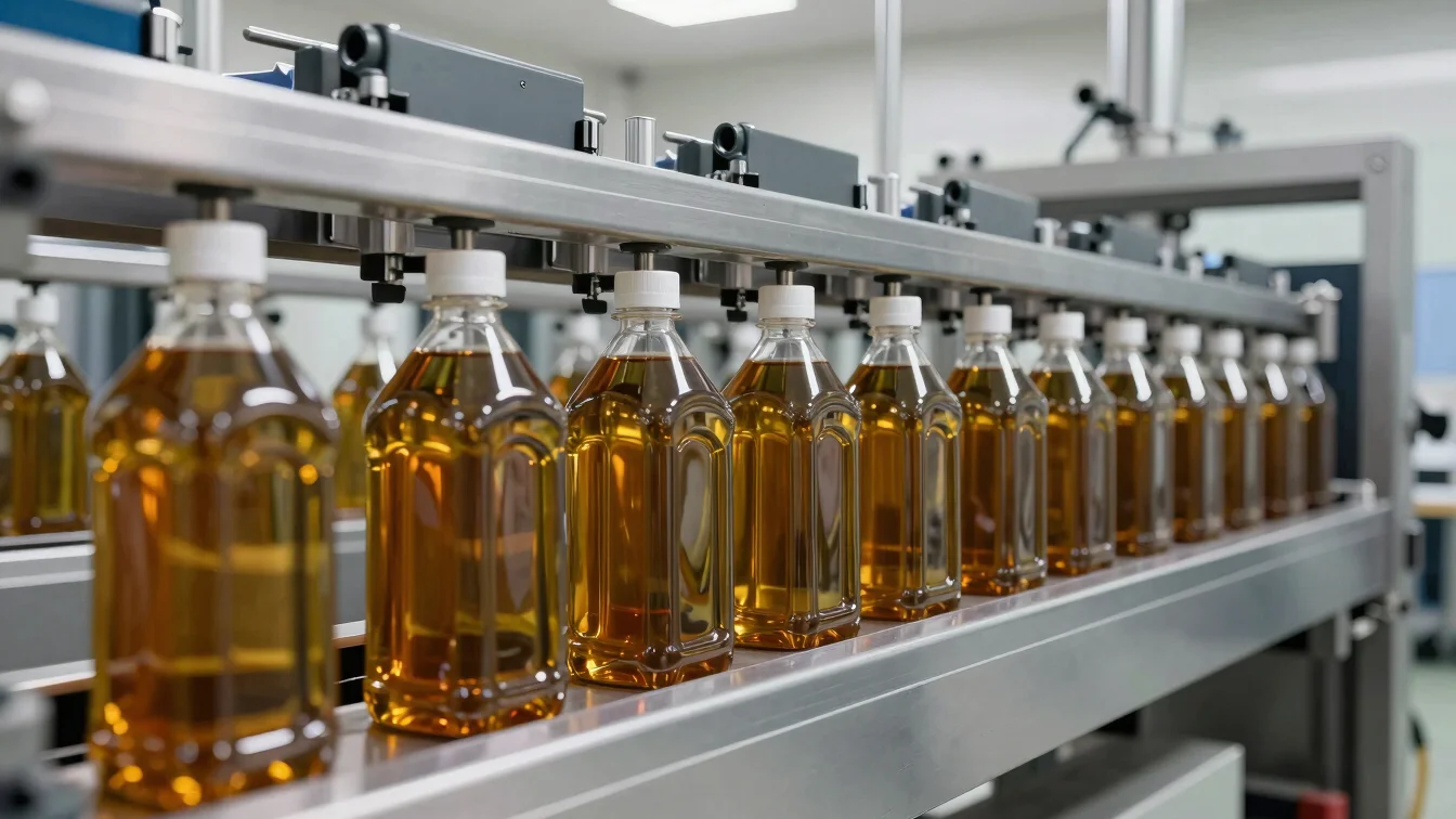 Automated bulk filling lines for liquid oils, metallic surfaces reflecting bright light, razor-sharp detail.