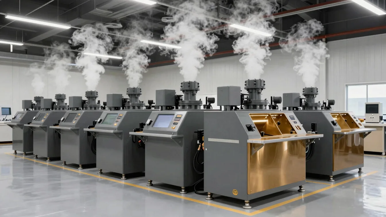 Structural wide shot of industrial rendering equipment, steam, and polished surfaces under bright facility lighting.