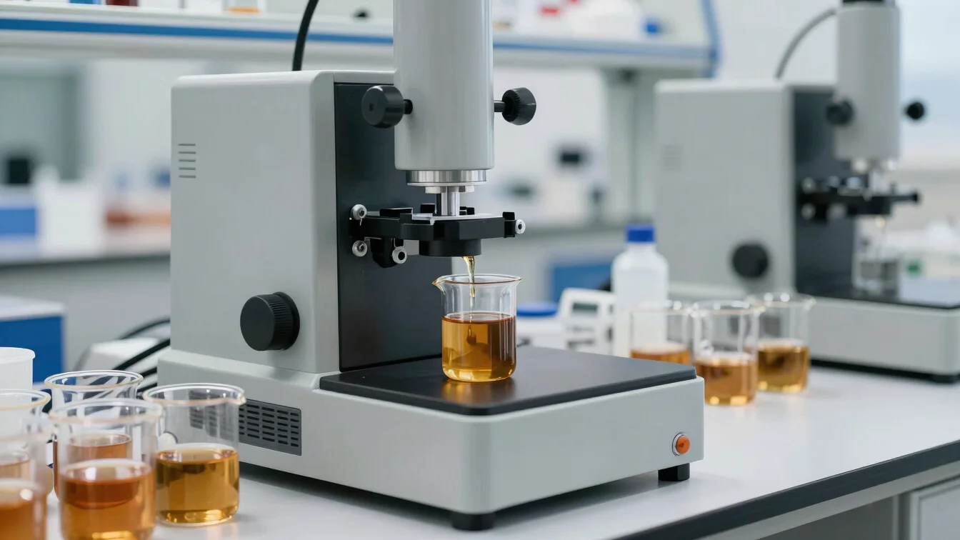 Detailed view of a quality control lab, viscosity testing equipment, amber fat samples in beakers.