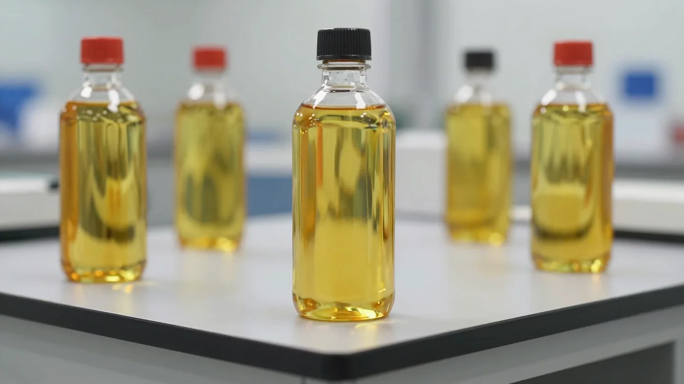 Close-up of clear liquid golden amber vegetable oil being tested